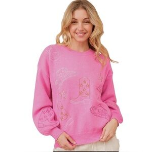 NEW Blue b Hot Pink Embroidered Cowboy Boot Hat Horseshoe Star Sweater Western